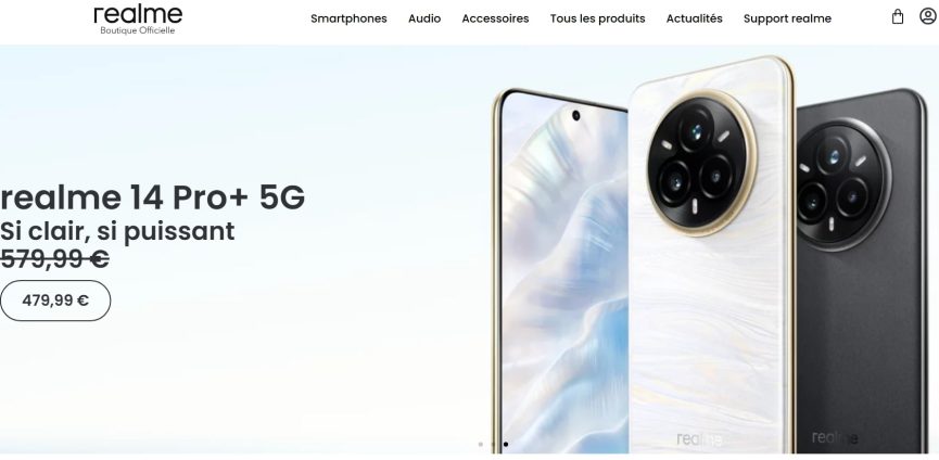 Bannière promotionnelle du realme 14 Pro+ 5G avec prix réduit sur l'interface du realme shop officiel