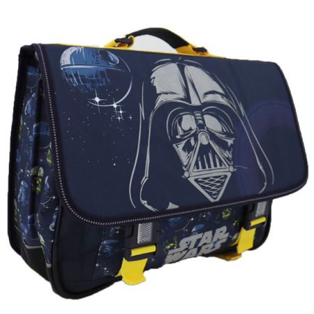 Un cartable bleu marine Star Wars avec l'illustration de Dark Vador et de l'Étoile de la Mort.