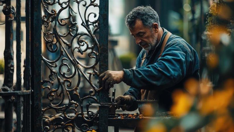 Artisan métallier travaillant avec précision sur les finitions d'une grille en fer forgé ornée de volutes dans son atelier.