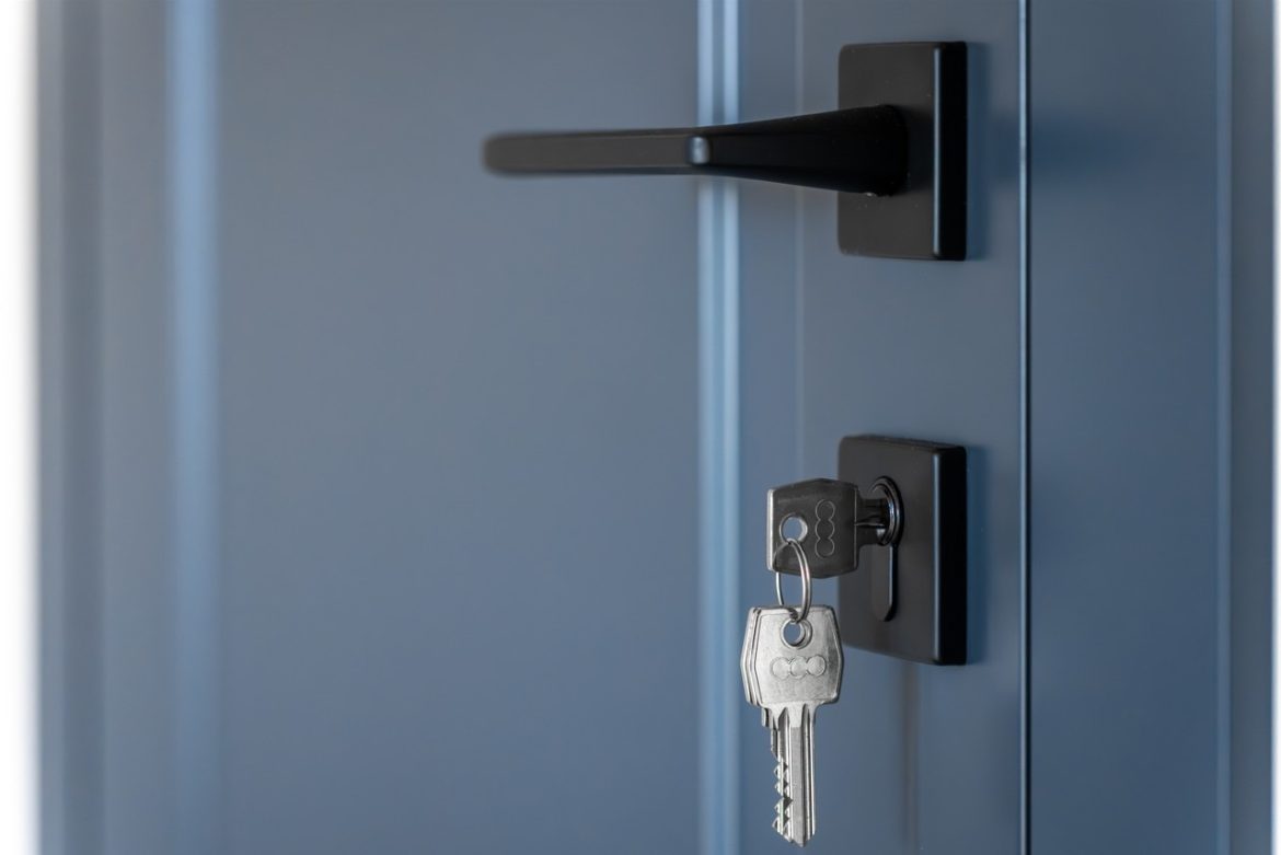 Clé insérée dans le barillet d'une porte d'entrée moderne pour illustrer la question : faut-il changer les serrures quand on achète une nouvelle maison ?